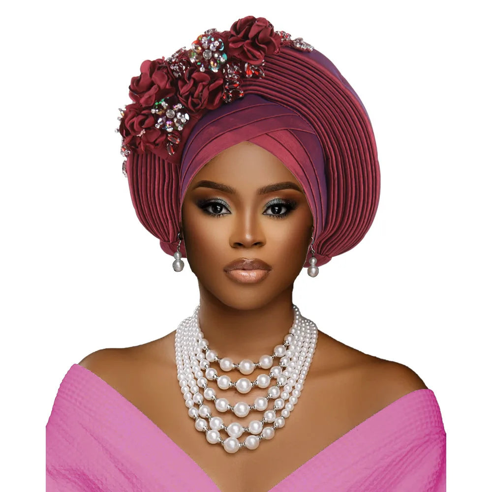 Maxy Fashion African Head tie Turban Nigeria Head Ties Flowers Already Made Auto Gele Women Head Wraps for Wedding Party Headpiece New