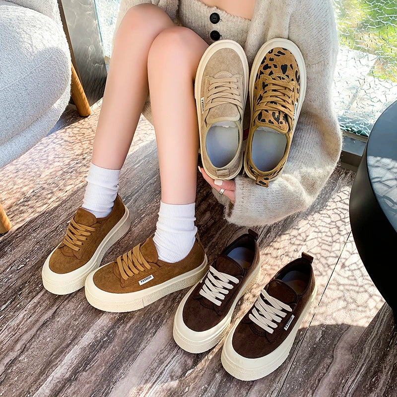 Maxy Soft Suede Leather Casual Shoes Women Sneakers Clogs Platform All-Match Spring Round Toe Cross-tied Frosted Flats Shoes Women