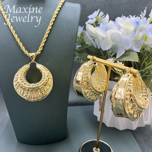 Maxy 24K Gold Plated Jewelry Set for Women Copper Earrings Geometric Pendant Necklace Golden Party Anniversary Wedding Gifts