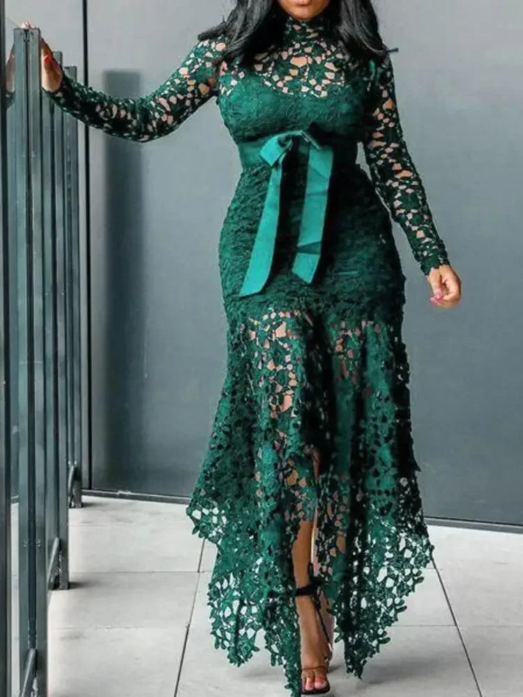 Amay Hollow Out Urban Dance Belly Latin Women Lace Irregular Dress Models Jazz Costume Long Sleeves Kpop Stage Stand Collar Vestidos