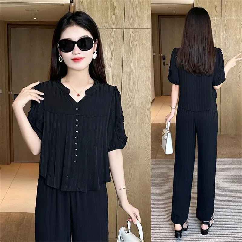 Maxy Short Sleeved Oversized Slimming Stylish Casual Summer Set Korean Version Sun Protection Suit For Women Shirt+Pant Two-Piece Set