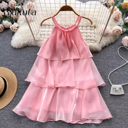 WAKUTA Summer Elegant Neck Hanging Sleeveless Ruffle Edge Dresses Casual Patchwork Ruffle Edge Sweet Cake Vestido Elegante Mujer