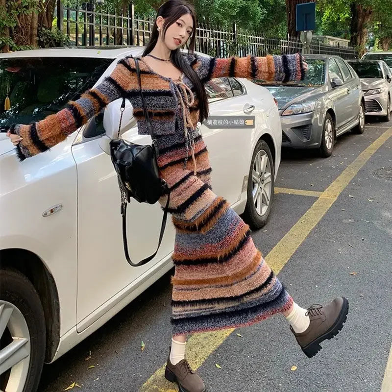 Maxy Striped Knitted Two-Piece Sets Women Korean Style Sexy Long Sleeve Cardigan Autumn Winter Sweater Sling Dress Y2k Suits