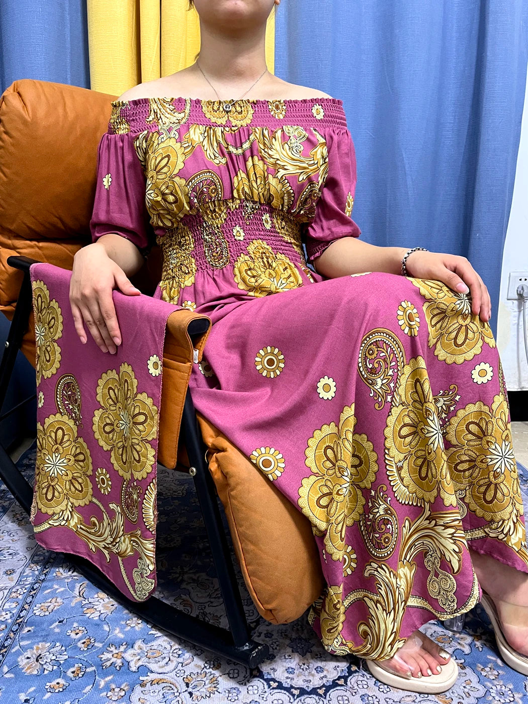 Maxy Muslim Abayas For Women Fashion Floral Elasticity Boat Neck Loose Fit Femme Robe African Party Evening Dresses With Turban