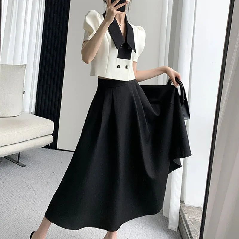 Babs French Elegant Two Piece Sets Vintage Office Lady Puff Sleeve White Crop Top + A Line Black Midi Skirts Suit Retro Summer Outfit