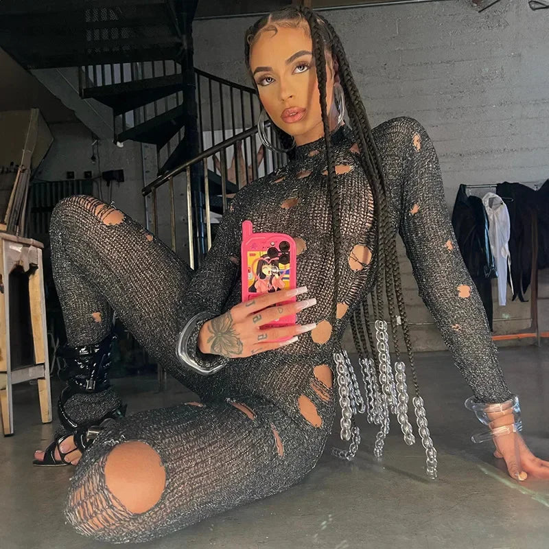 Amay Hollow Out Knit Slim Plain Ripped Jumpsuits Stand Collar Distressed Bodycon Lady Streetwear Casual Women Long Sleeve Jumpsuit