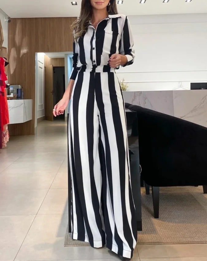 Maxy European and American Autumn Leisure Fashion Black and White Striped Button Pocket Design Shirt Wide Leg Pants Two-Piece Set