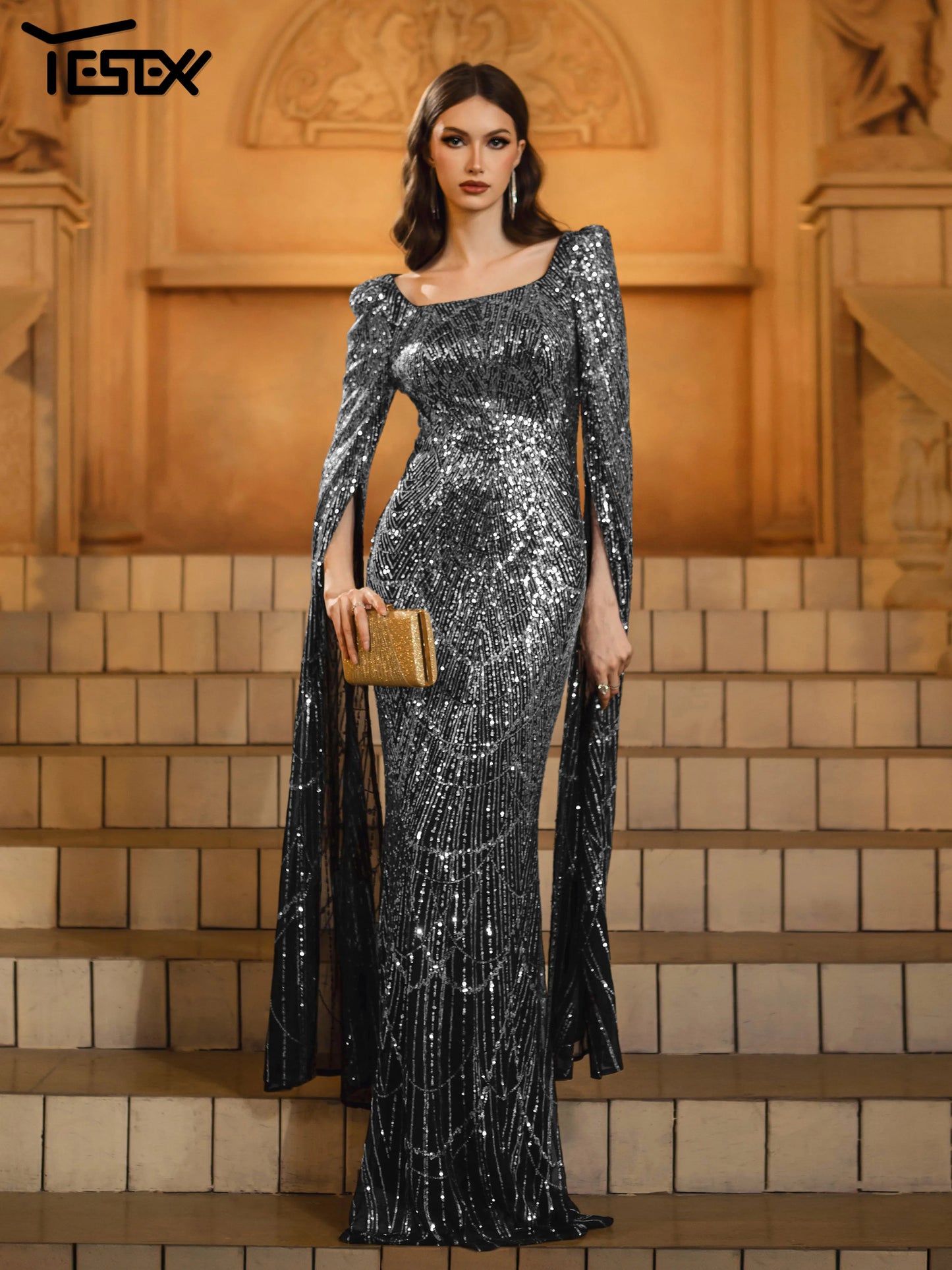 Maxy New Church Dress Square Neck Long Sleeved Sequin Mermaid Evening Gown Wedding Birthday Party Formal Occasion Maxy Dresses