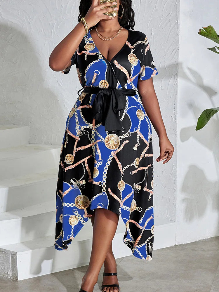 Maxy Plus Size Print Dresses Women Autumn Midi V-neck Dress Woman Summer Fashion Belt Irregular Large Size Dress Women's Clothing