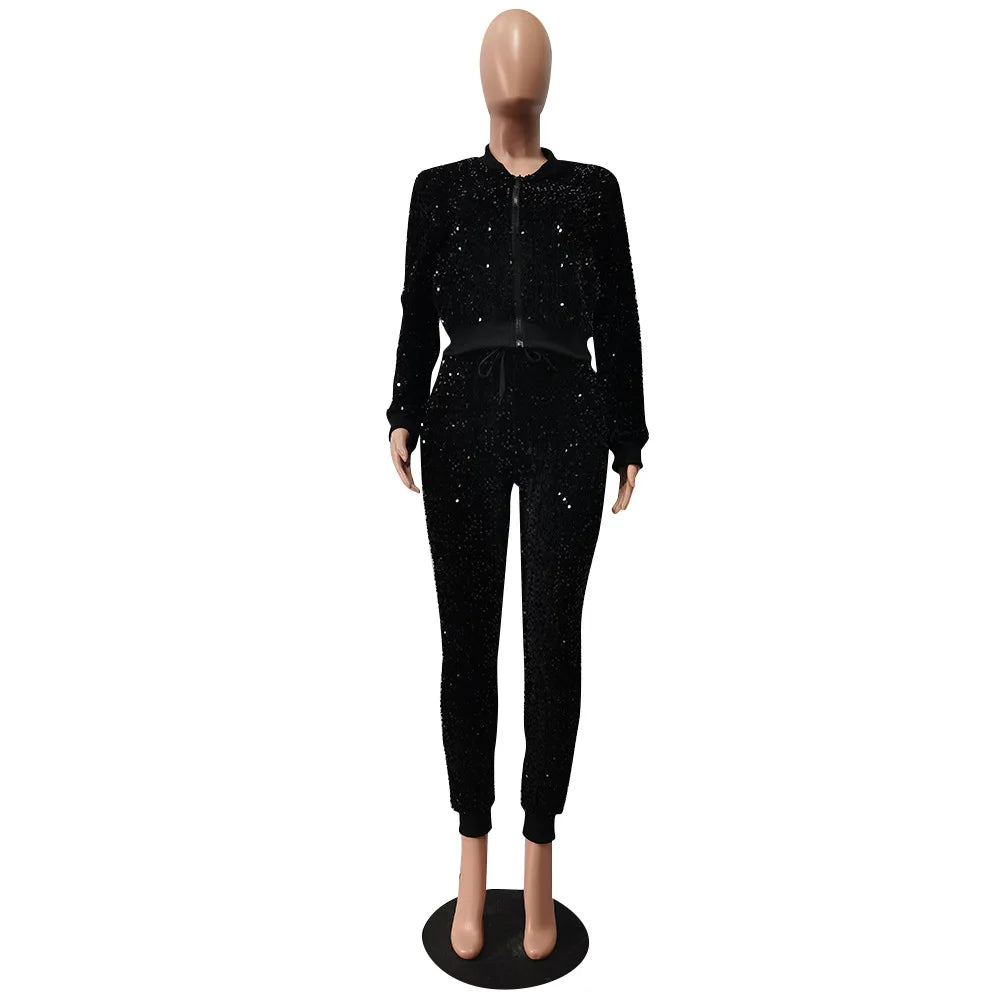 Sequin Women 2 Piece Set Solid Velvet Zipper Fly Crop Jacket High Waist Skinny Jogging Pants Matching Set 2022 Autumn Tracksuits