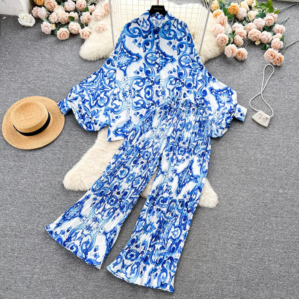 Maxy Fashion Elegant 2 Pieces Suit Women Design Sense Batwing Sleeve Shirt Tops + Loose Pleated Wide-leg Pants Female Clothes