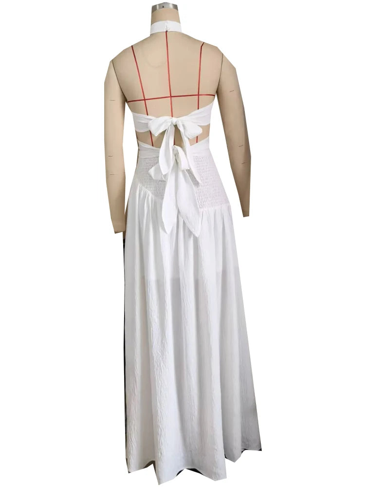 Maxy Beyerene Elegant Gold Ring Bandeau Long Skirt Two-Piece Set Women Beautiful Cut-Out Ruched Maxy Skirt Set White Vacation Outfits