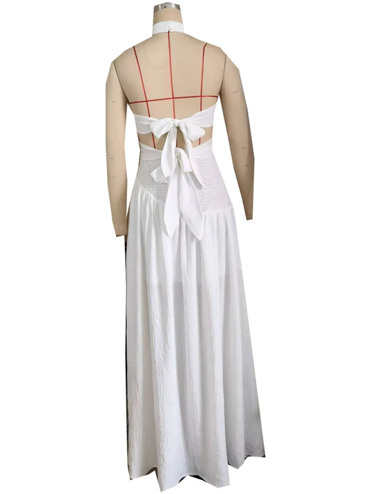 Maxy Beyerene Elegant Gold Ring Bandeau Long Skirt Two-Piece Set Women Beautiful Cut-Out Ruched Maxy Skirt Set White Vacation Outfits