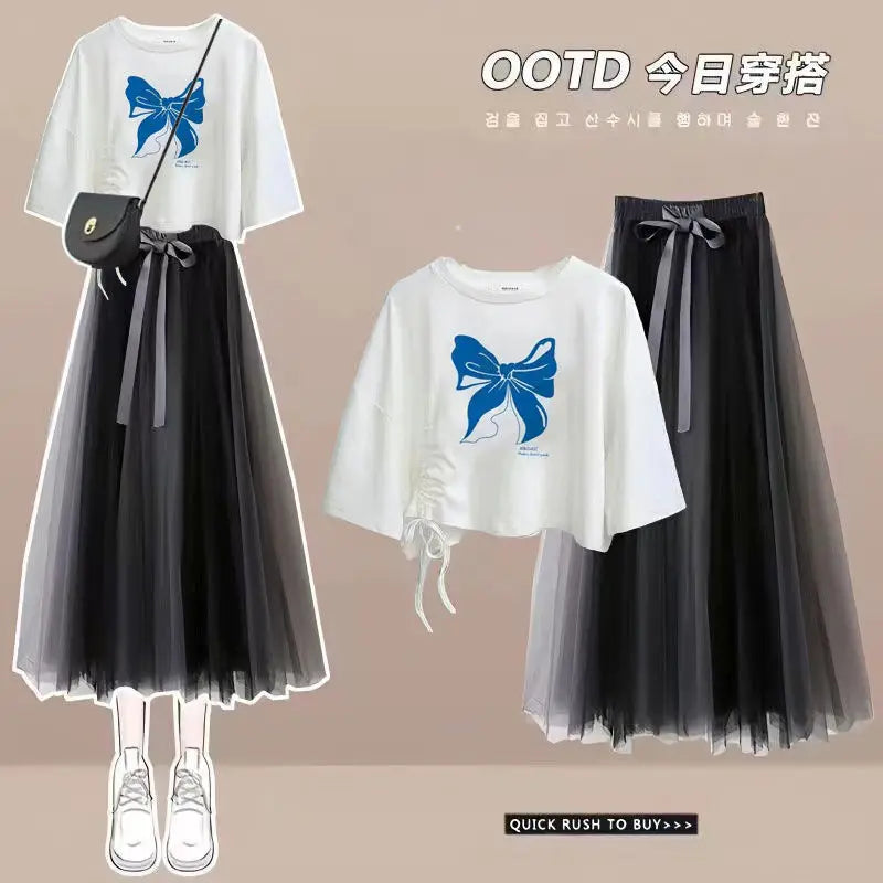 Maxy Summer New Korean Elegant Cute Short Sleeved T-shirt+Mesh Midi Skirt Two Piece Suit Women's Loose Top Dress Matching Set