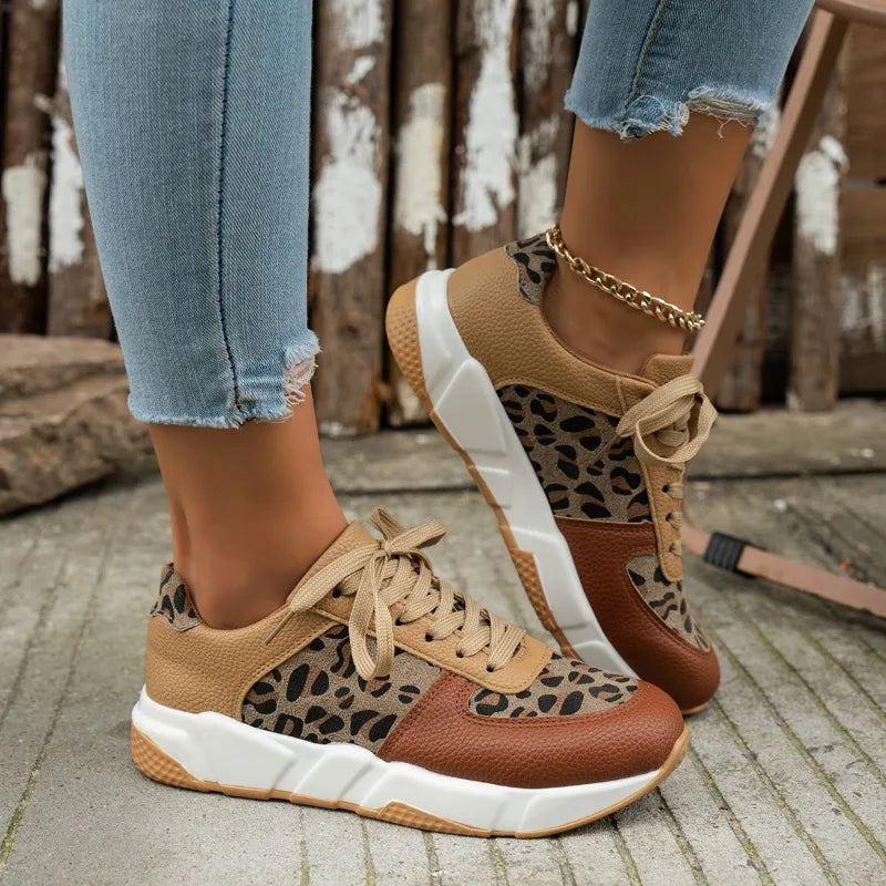 Maxy Women Casual Platform Shoes Round Toe Low-top Leopard Wedge Sneakers Women Comfortable Lace Up Outdoor Shoes for Women