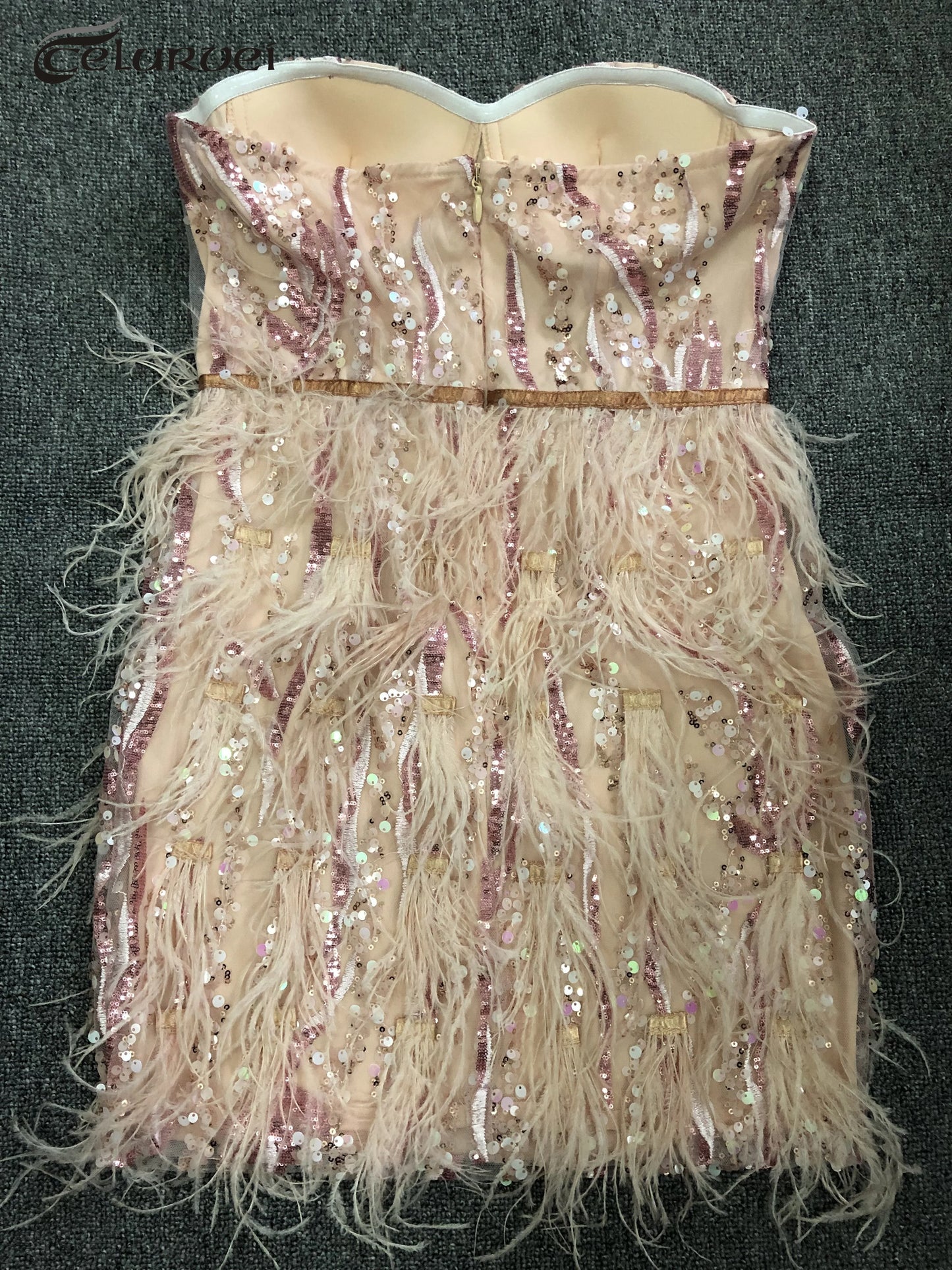 Babs High Quality Pink Sequin Feather Mini Dress Fashion Strapless Night Club Party Bodycon Dress