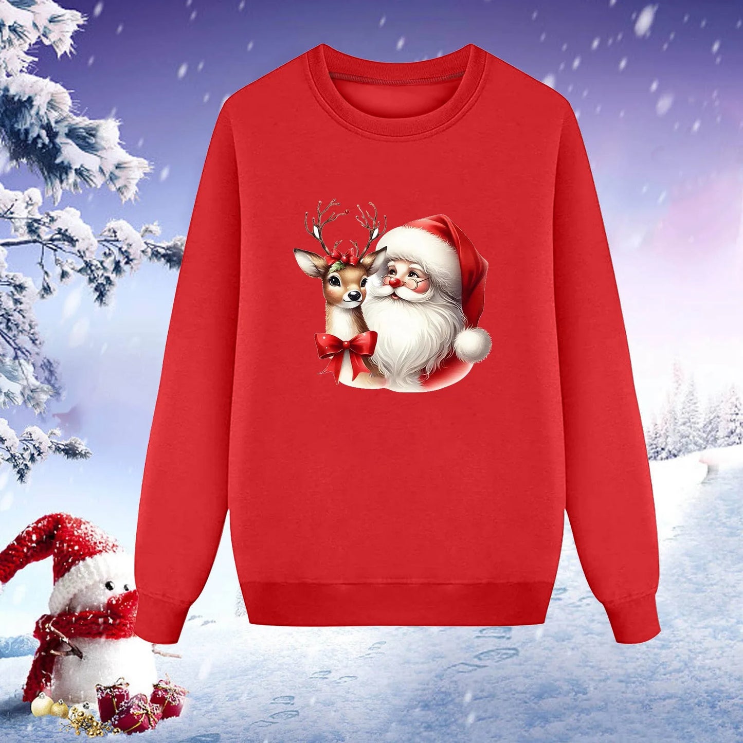 Christmas Family Set Santa Deer Print Long Sleeve Round Neck Plus Fleece Mother Father Kid Hoodie Family Matching Family Pajamas