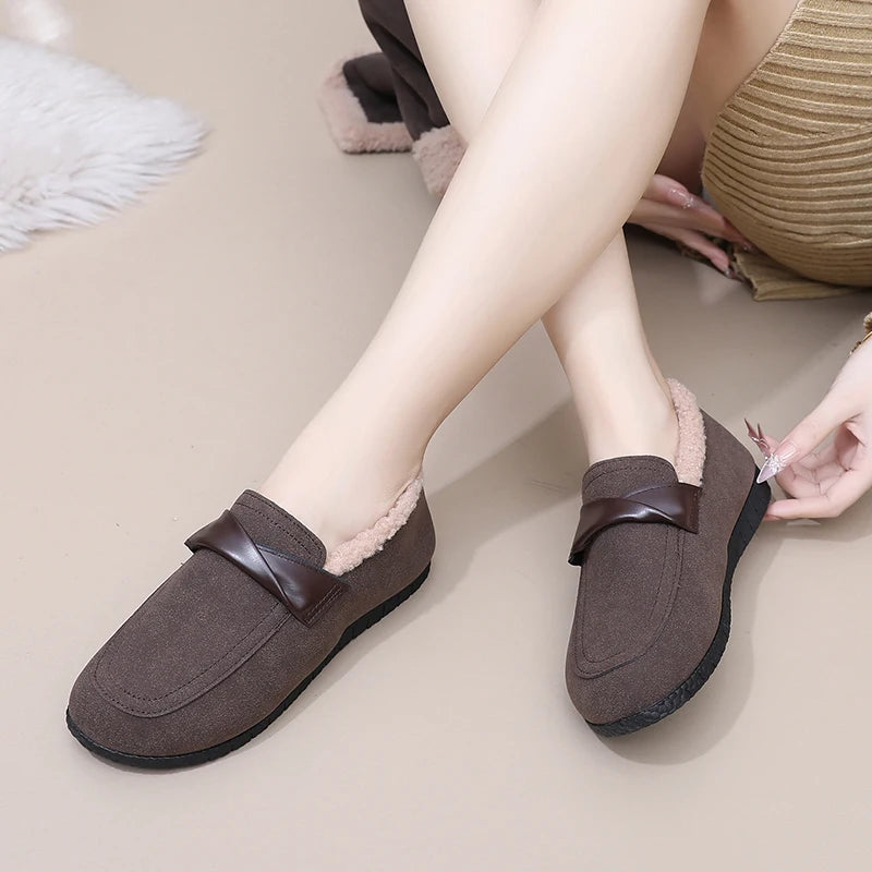 Maxy Winter Women's Soft Fur Lining Moccasins Suede Ladies House Warm Indoor Outdoor Anti Skid Loafers Slip On Flat Shoes