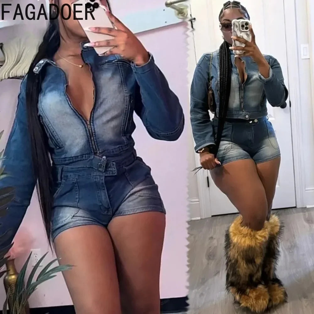 Maxy Retro Denim 2 Piece Sets Women Outfit Zip Crop Denim Jacket + Shorts Sets Stretchy Suits Female Streetwear Clothing