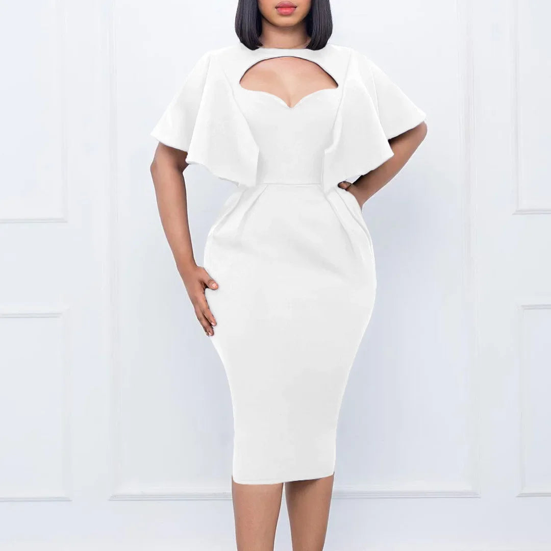 Amay Elegant Solid Backless High Waist Mini Dress Fashion Stand Collar Half Sleeve Hip Wrap Dress Temperament Ladies Hollow Out Dress