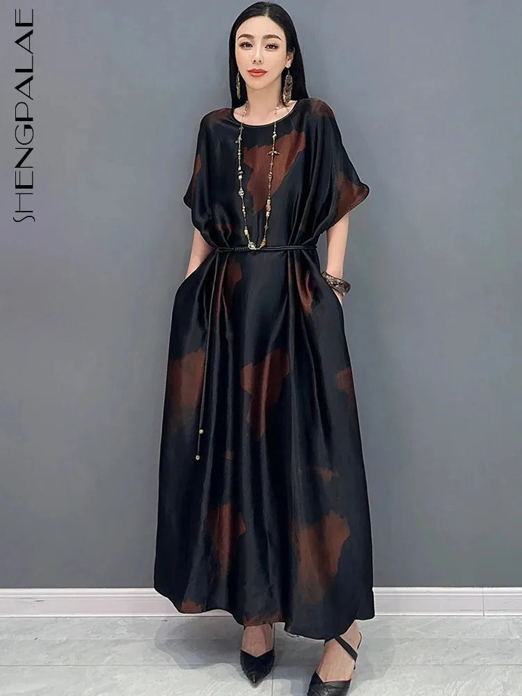 SHENGPALAE Chinese Style Satin Print Loose Swing Long Dress Short Sleeves Fashion Elegant Women Dresses 2024 Summer New 5R9796