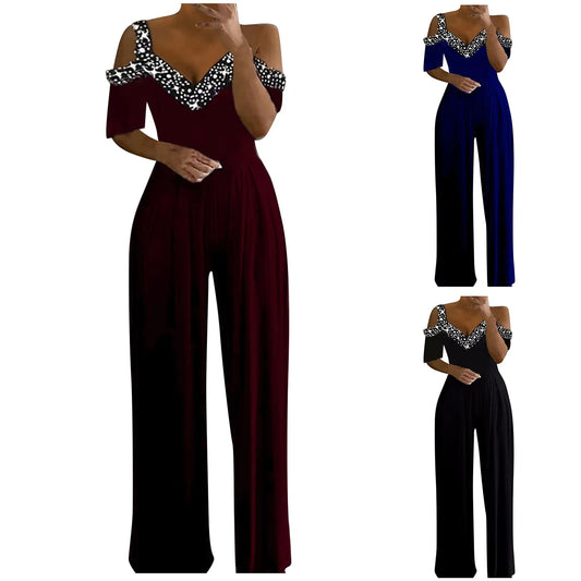Amay Women's Dress Jumpsuit Daily Casual Wide Leg Waist Jumpsuit Strapless Off-The-Shoulder Patchwork V-Neck Banquet Jumpsuits