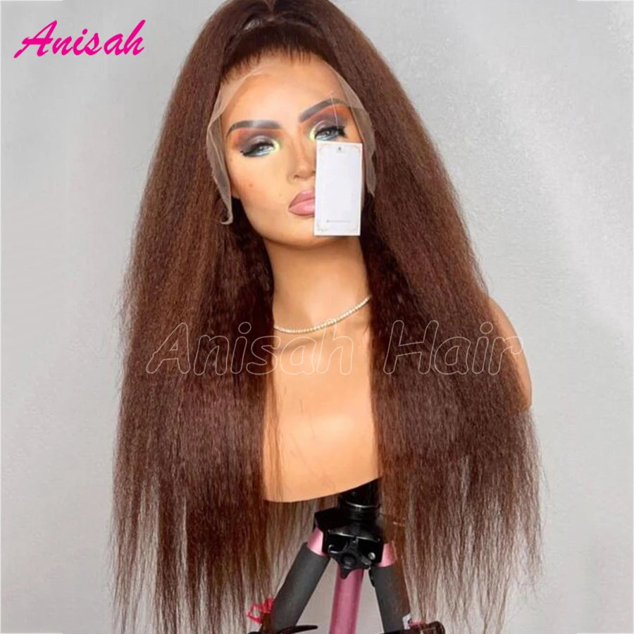 Maxy Brown Color Kinky Straight 13x6 HD Lace Frontal Wig Brazilian Glueless Yaki 13x4 Lace Front Human Hair Wigs For Women Preplucked