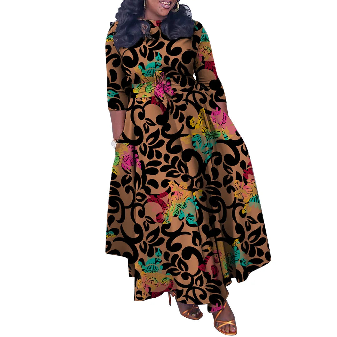 Amay Plus Size Print Elegant Dress Autumn Winter Female Loose Wide Long Robe Women Fashion Casual Cloth Large Size Party Dress