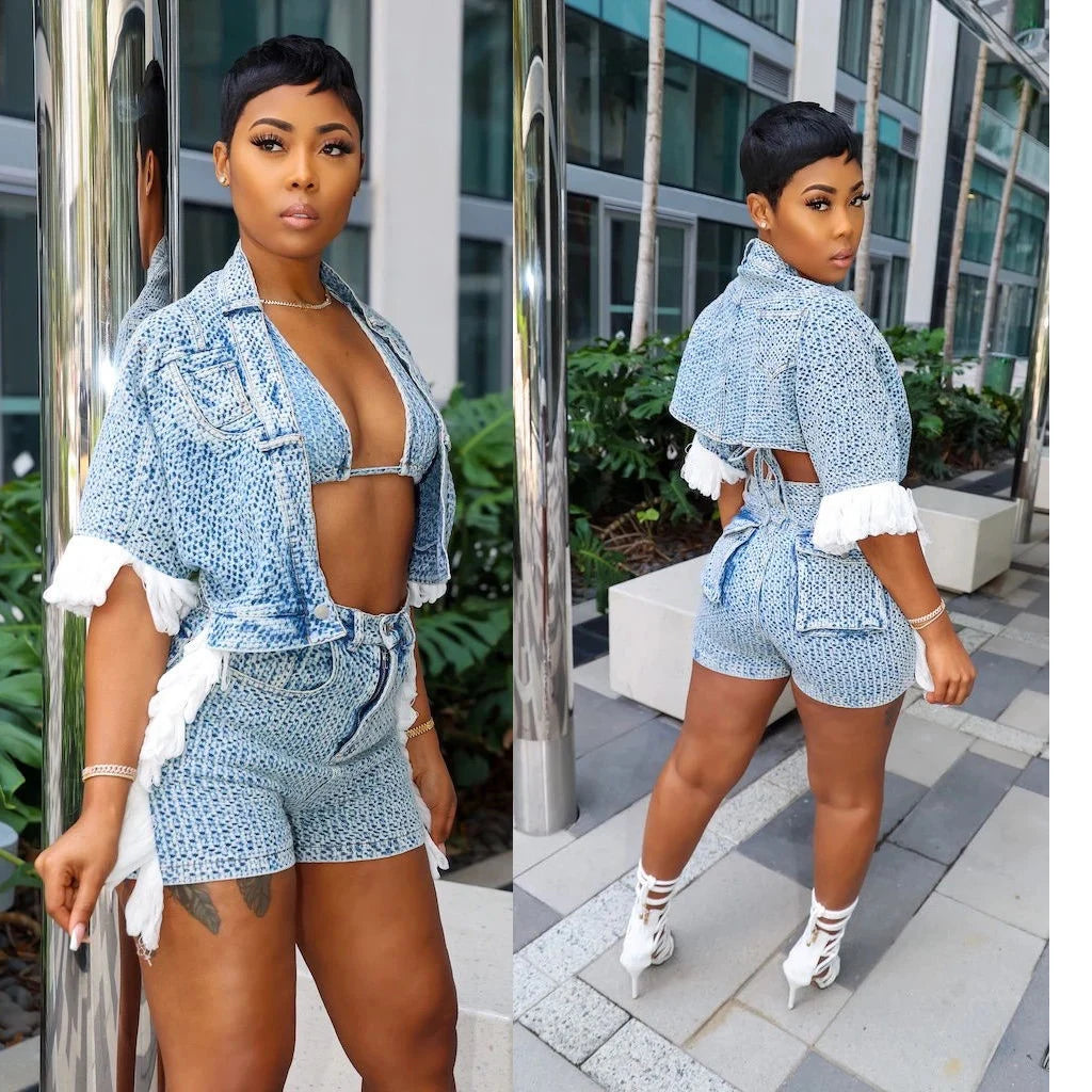 Maxy Sexy Denim Coats Jean 2 Piece Matching Pant Set Outfits Summer Women Clothes Y2K Shorts Suits Sets Cropped Jacket Tracksuit