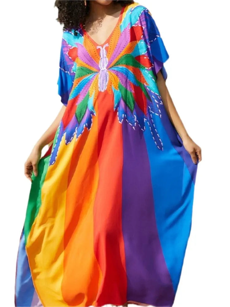 Maxy Women Beach Color Colorful Printed Long Dress Fashion Swimwear Summer Holiday Bohemian Maxy Dresses Bathing Suits