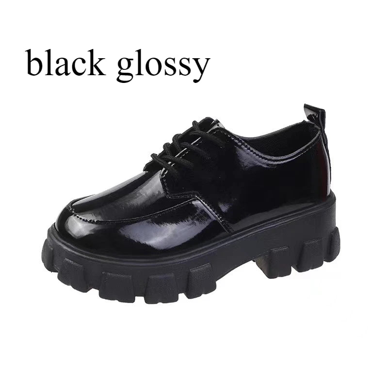 Maxy Women's British Style Leather Shoes Spring Autumn Platform Slip-on Loafers Fashion Lace Up Round Head Comfort High Heels