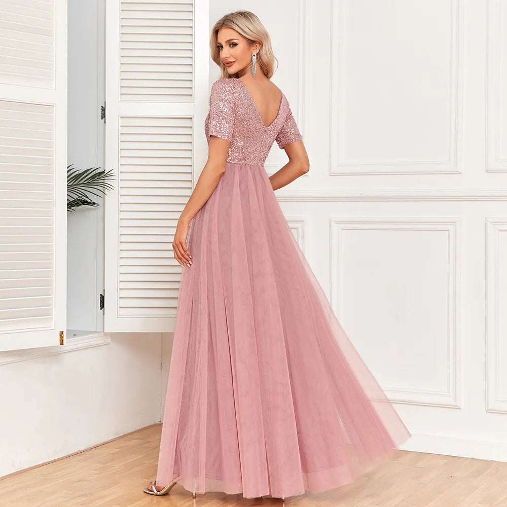 Maxy Ladies Elegant Short Sleeved Dress with Lace Embroidery V-neck A-line Sequin Evening Dress Bridesmaid Party Graduation Dres