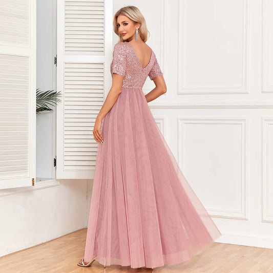 Maxy Ladies Elegant Short Sleeved Dress with Lace Embroidery V-neck A-line Sequin Evening Dress Bridesmaid Party Graduation Dres