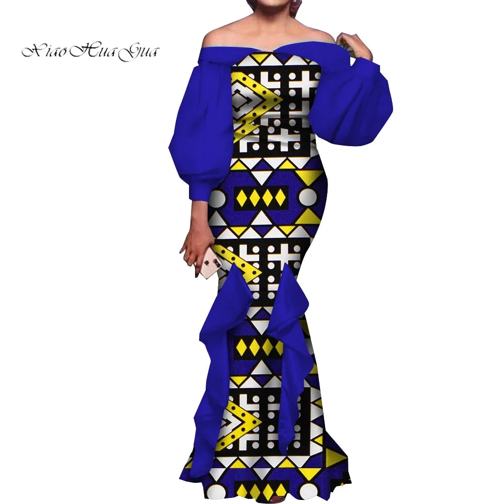 Amay Fashion Women Ankara Dresses Flash Neck Puff Sleeve Long Dress African Dress Robe Africaine Femme Evening Mermaid Dress WY1848