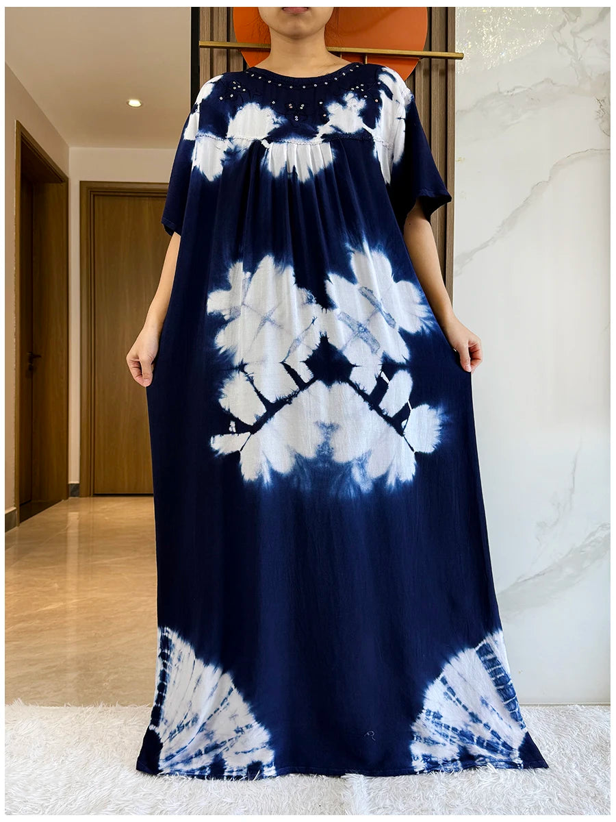 Maxy 2 Pieces Africa Dashiki Floral Printing Loose Cotton Caftan Lady Summer Maxy Casual Dresses With Big Scarf Short Sleeve