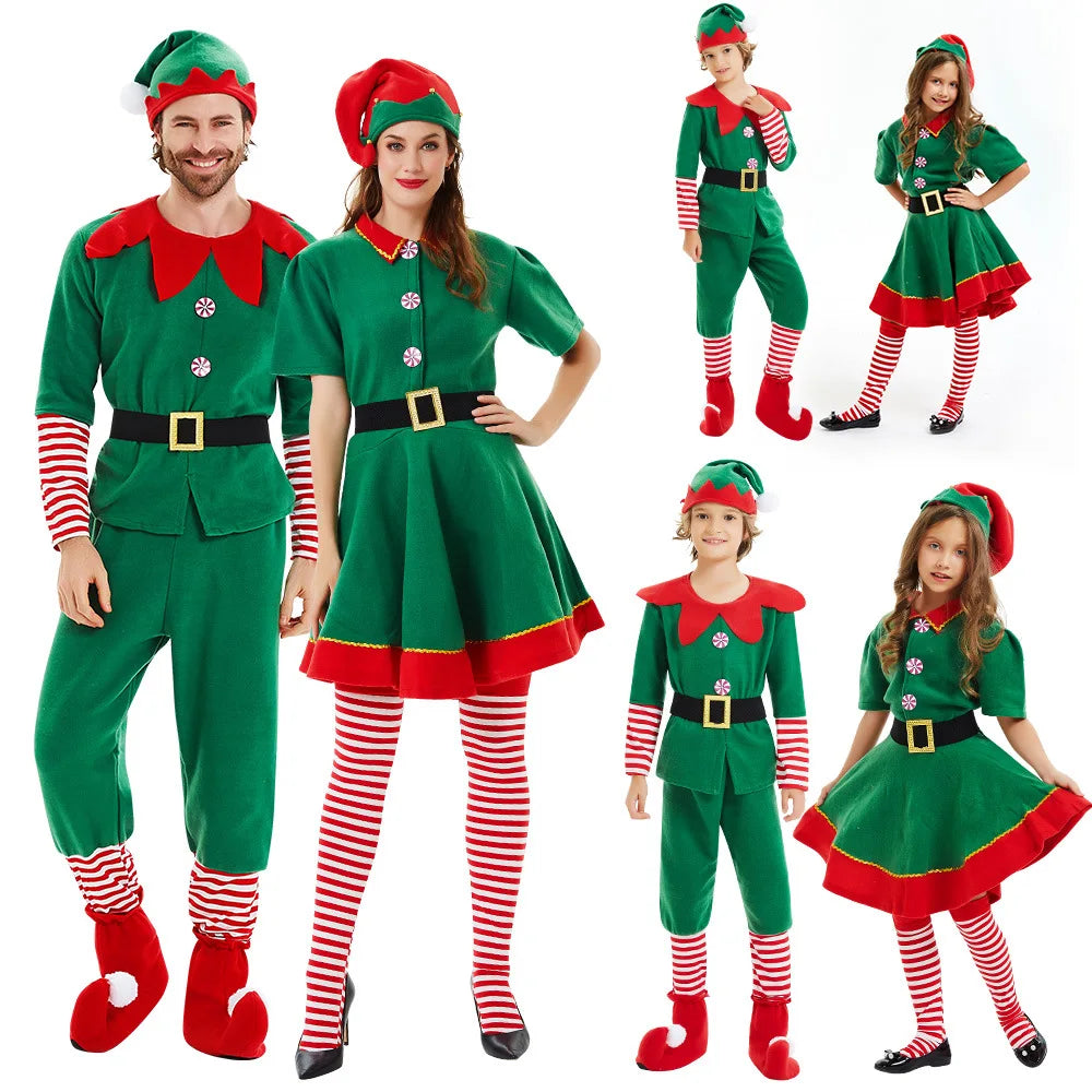 Christmas Maxy Family Costume Role Playing Outfit Green Santa Claus Party Performance Fancy Clothing for Men Women Girls Boys