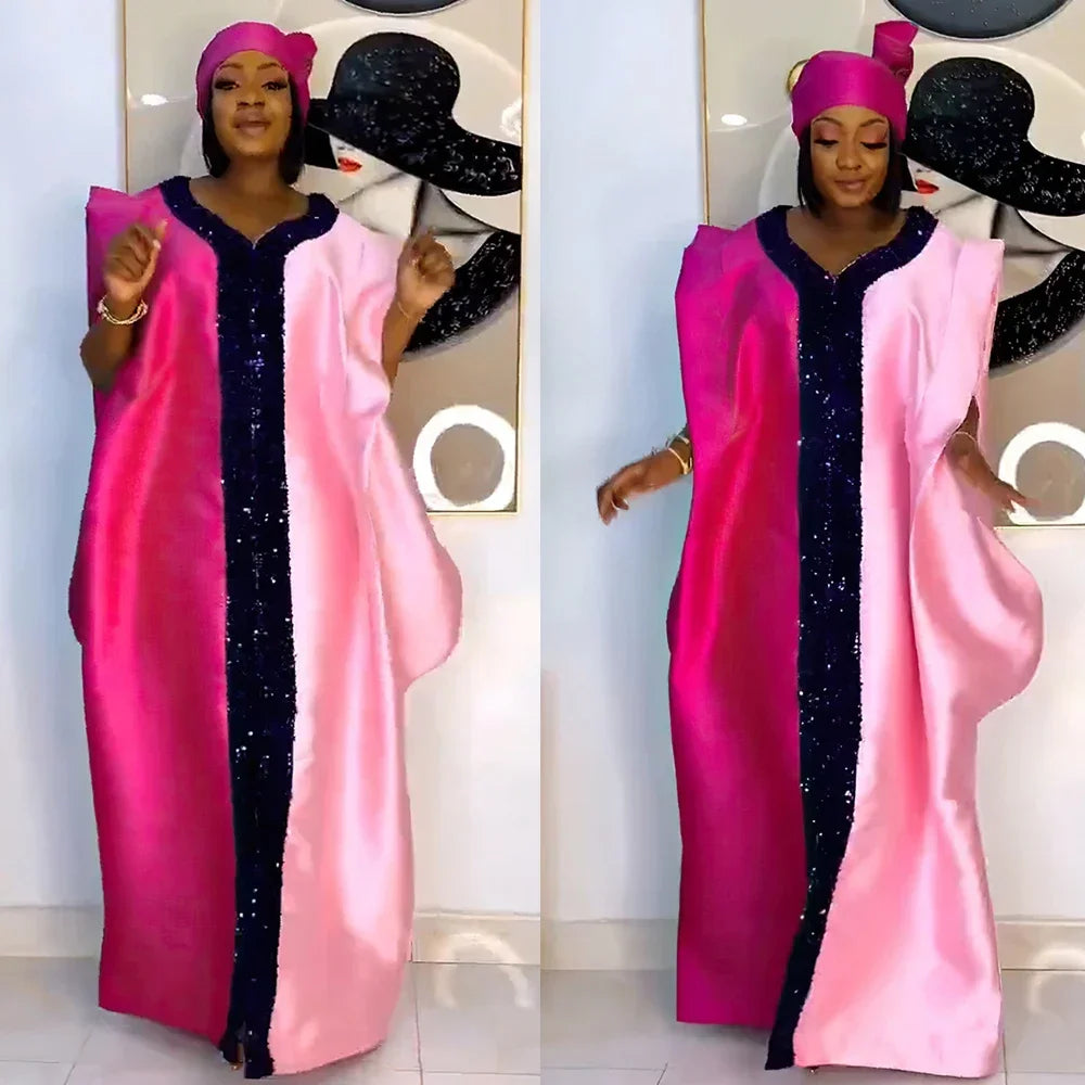 Maxy Dresses for Woman Satin Muslim Dress Scarf Abaya Dubai Turkey Kaftan Marocain Caftan Loose Boubou Robe Ankara Dashiki