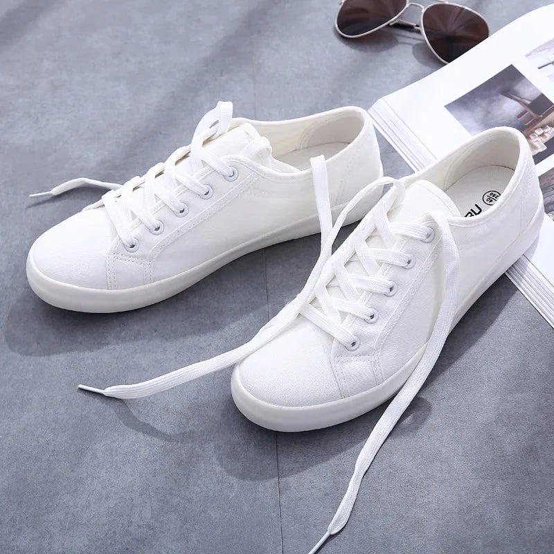 White Couple Canvas Shoes Summer Shoes Lace Up Student Cloth Shoes Womens Flats White Sneakers Women Board Shoes