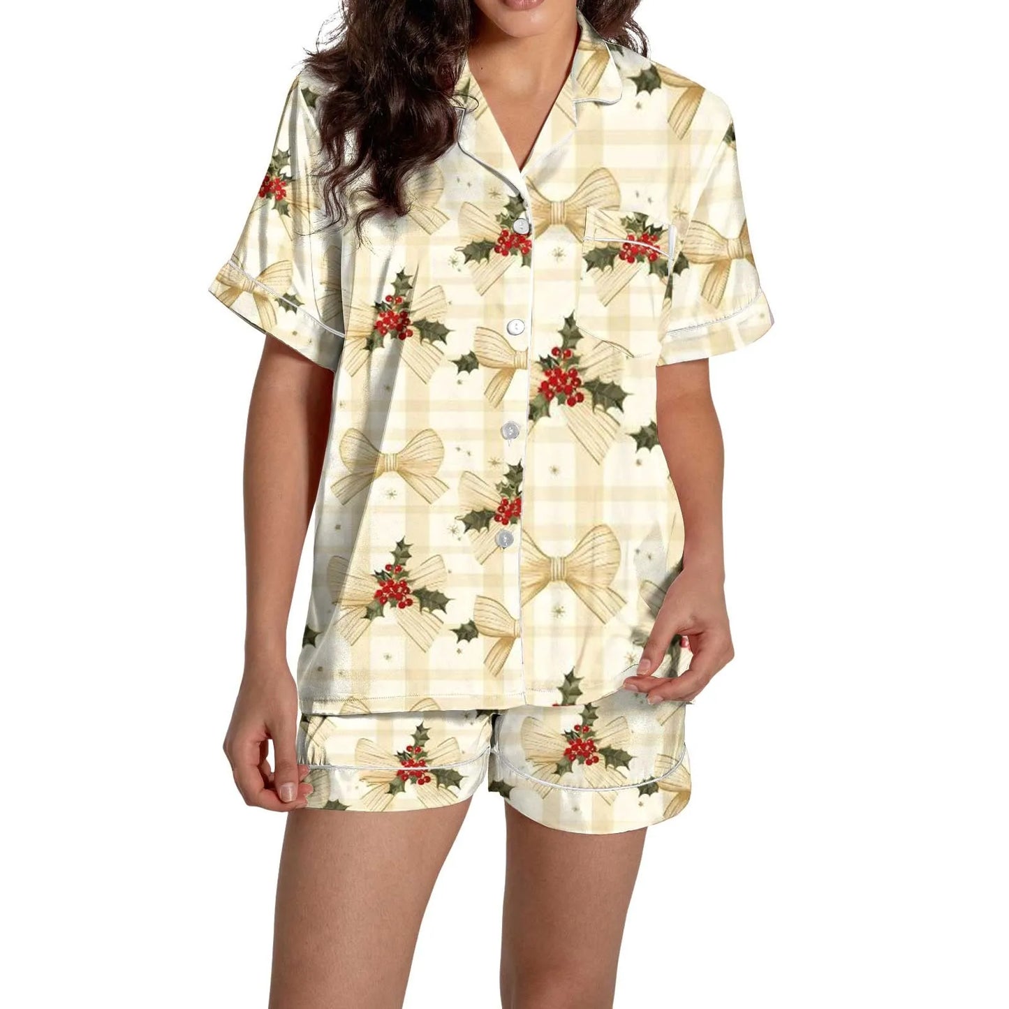 Christmas Graphic Print Women's Button-Down Shirts Pajamas Shorts Set Causal Women‘s Silk Satin 2 Piece Homewear Shorts Set Soft