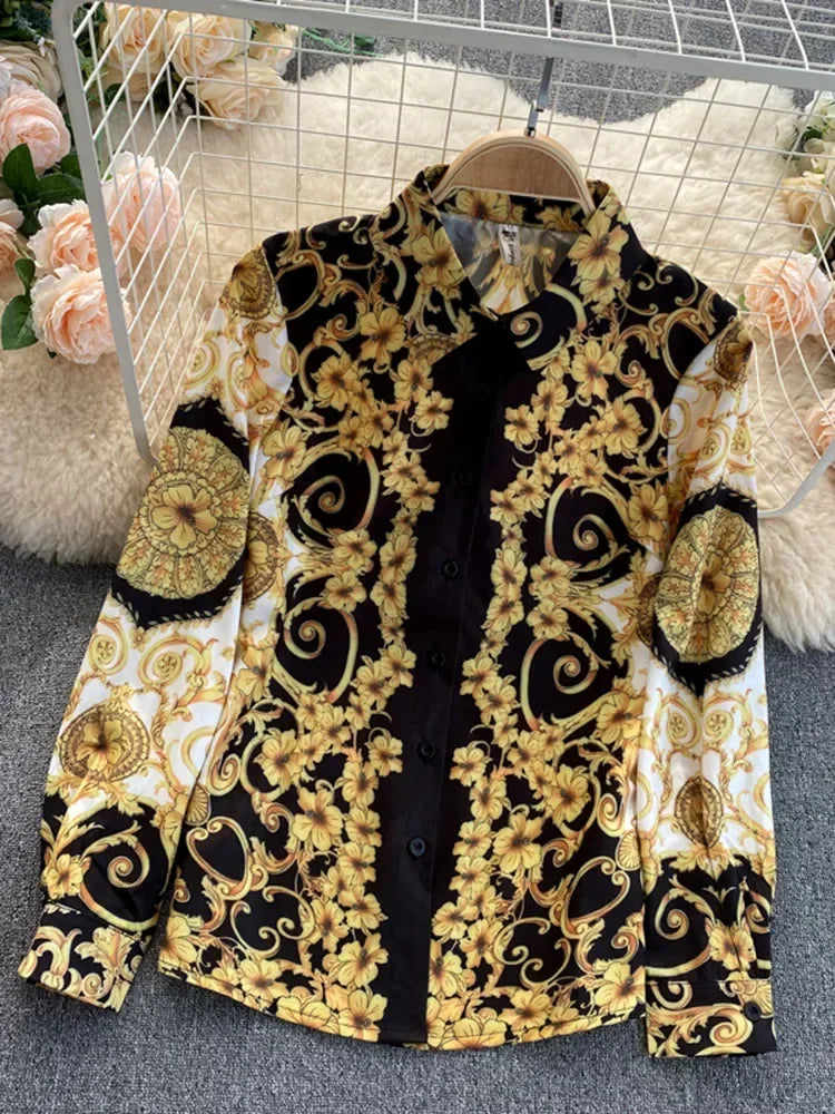 Maxy Spring Autumn Women's Blouse Tops New Bohemian Retro Turn-down collar Office Lady Trend Printing European American Shirt UK766