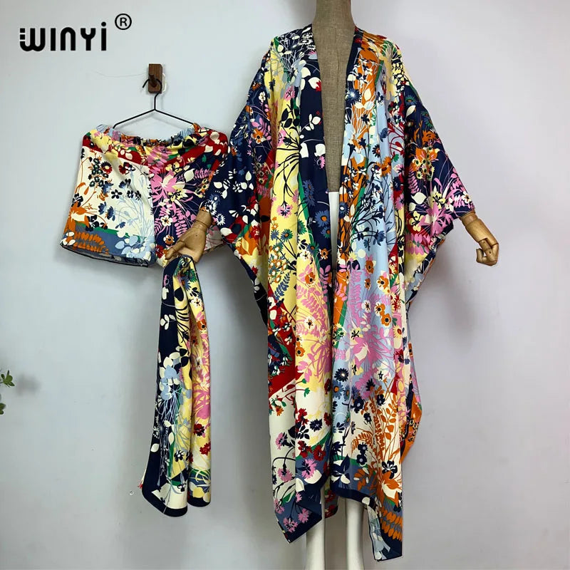 Maxy new summer beach two piece set for women Bohemian Print long Sleeve trab Dress Women Floor Length New vacation kimono