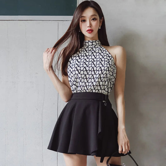 Summer Elegant Women's Outfit Casual Suit Hanging Collar Printed Top+High Waist Ruffle Edge Short Half Skirt Set of Two-piece