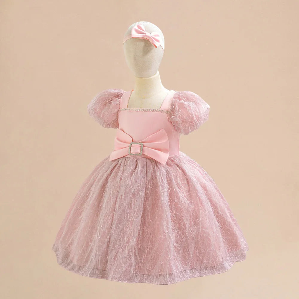 Maxy Toddler Baby Lace Floral Bow Princess Girls Dress Infant 1st Birthday Baptism Party Ball Gown Newborn Short Sleeve Kids Costumes