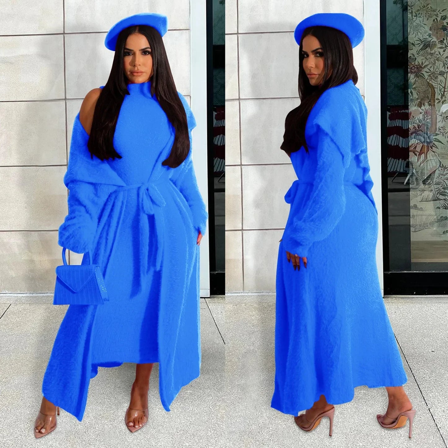Maxy Women Dress Sets Two Piece Long Sleeve Round Neck Cardigan Solid Color Elastic Waist Casual Slim Fit Patchwork Autumn Belt