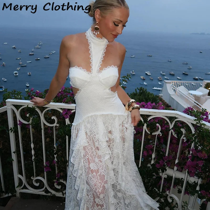 Maxy Sexy Lace Patchwork Dress Women Hollow Out Sleeveless Party Club Long Skirt See Through Halter Evening Gown Vacation Lady Robes
