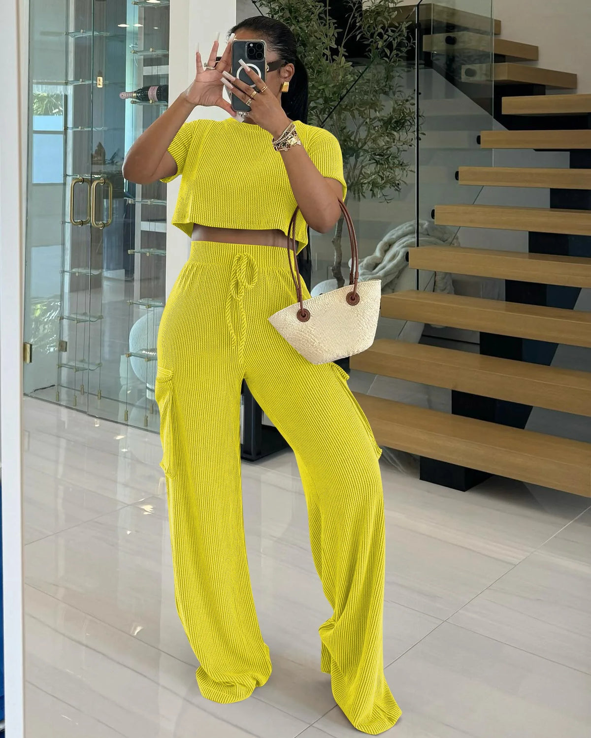 Maxy Casual Women's Suit Summer Short-Sleeved Crewneck Top And Wide-Leg Pant Outfits Solid Color Ladies Two-Piece Set