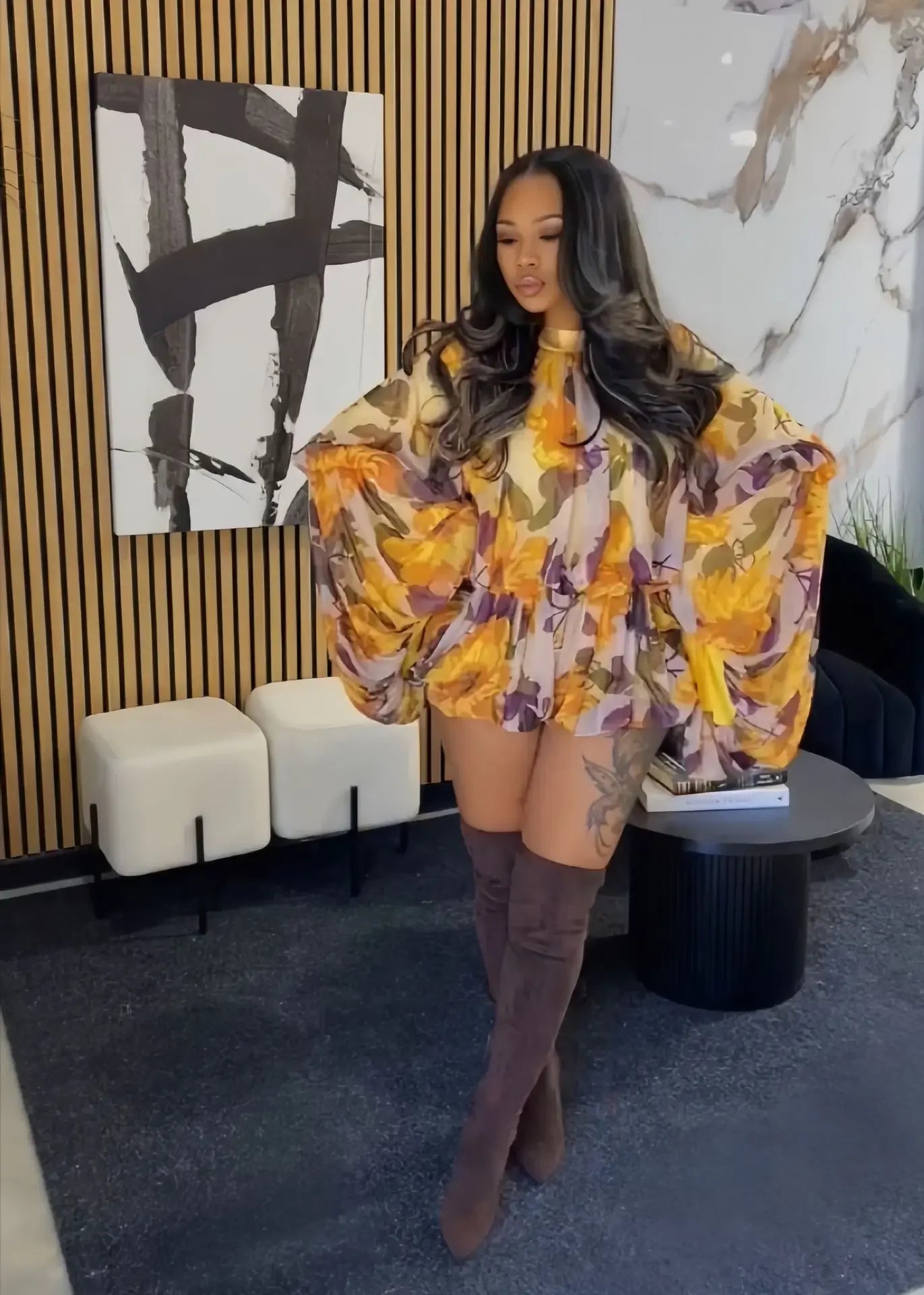 Maxy Women Floral Printed Lantern Long Sleeve Blouses Tops and Mini Skirt Suits Fall Beach Party Two Piece Set Outfits