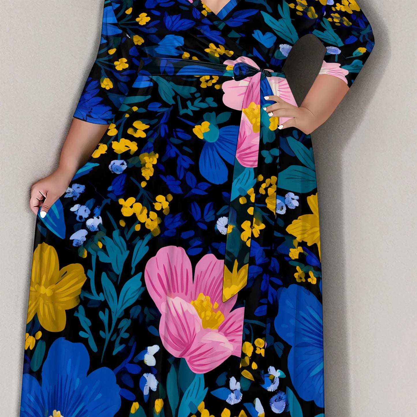 Maxy Plus Size Women's 3/4 Sleeve V-Neck Floral Print Wrap Maxy Dress Elegant Bohemian Casual Dress