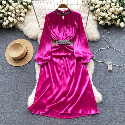 Maxy New Casual Spring Autumn Solid Slim Full Lady Dress A Line O Neck Chiffon Pullover Mid-Calf Women Dresses