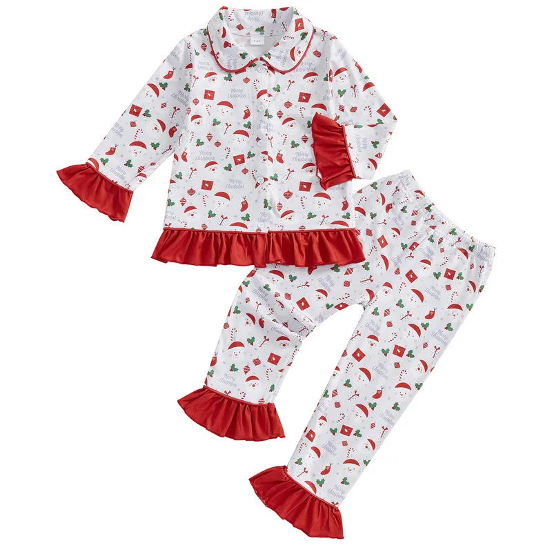 Max 1 to 5 Years Baby Girl Christmas Pajama Sets Long Sleeve Lapel Candy Cane/Santa Claus Print Shirt Pants Sleepwear